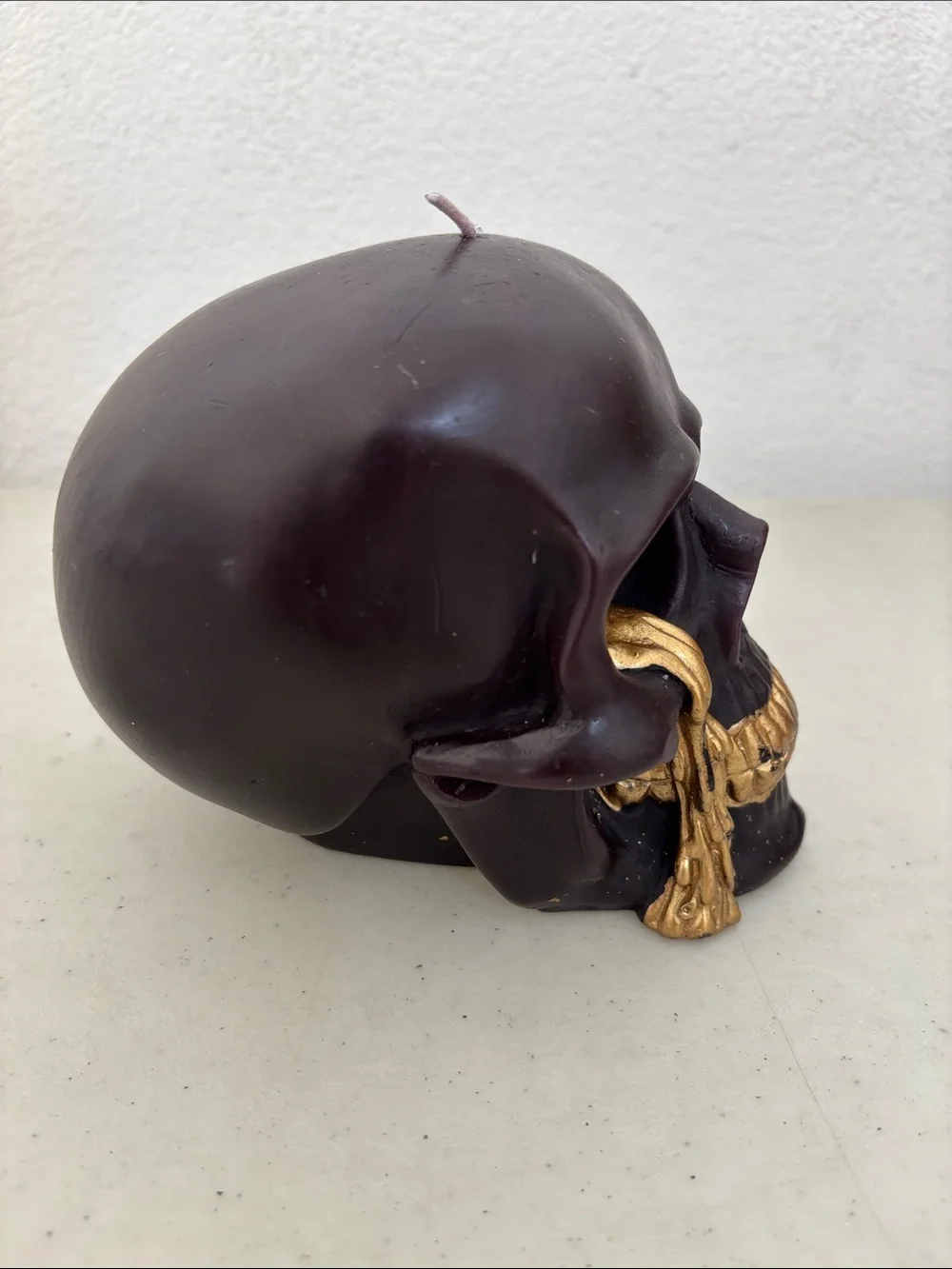 New - Dark Brown Skull Candle with Gold Drip Accent